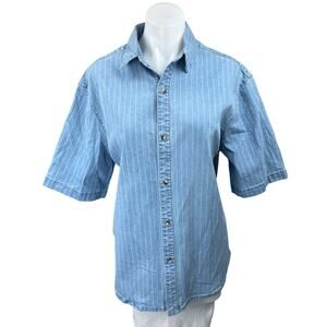 Mango MNG Blue Denim Chambray Pinstriped Button Up Short Sleeve Top Shirt Size S
